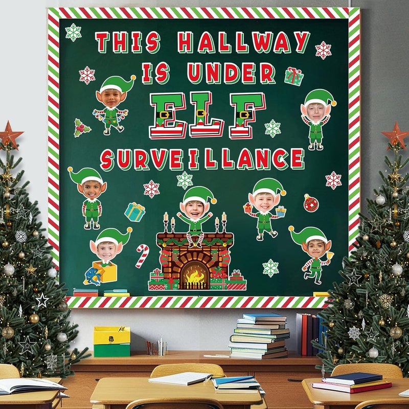 KMCCUMBER Christmas Bulletin Board Decorations Set, 105 Pcs Eif Cutouts with Figures Cards Red Green Stripe Borders Christmas Bulletin Board Classroom Decorations for Xmas Party School Wall Door Decor - Image 1